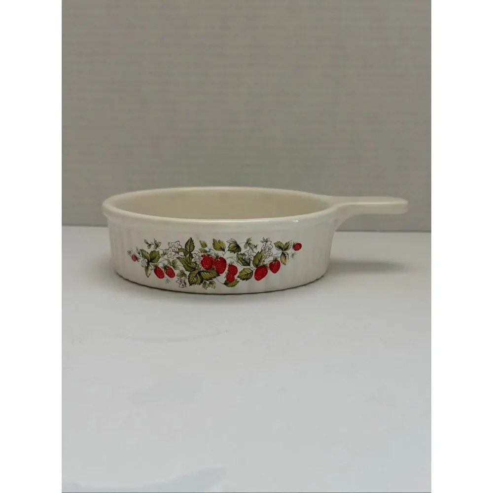 Vintage Strawberries & Floral White Round Stoneware Baking Dish with Handle